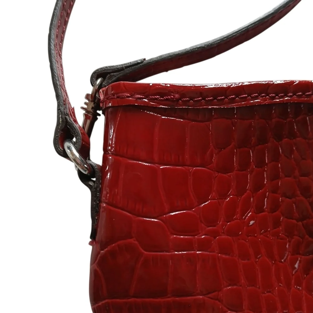 Liz Claiborne Glossy Wrist-let Bag Mini Faux Embossed Burgundy Leather w Strap